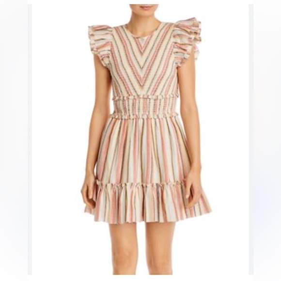 SAYLOR Dresses & Skirts - Saylor tulsi linen striped mini ruffle dress sz medium